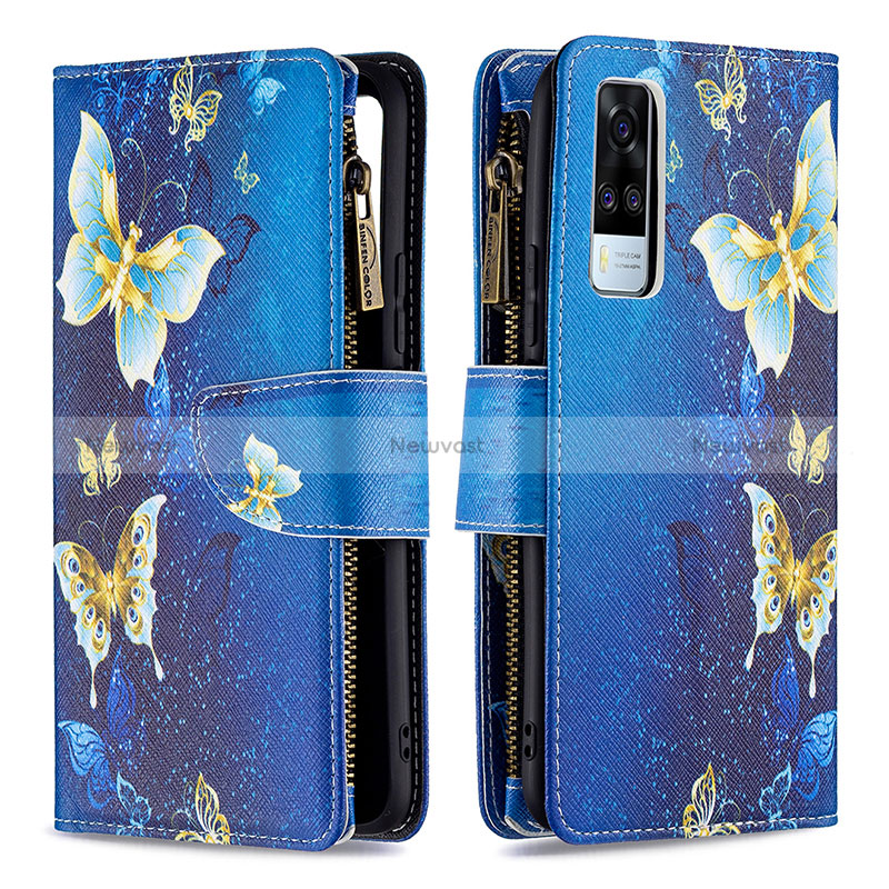 Leather Case Stands Fashionable Pattern Flip Cover Holder B04F for Vivo Y51 (2021) Blue