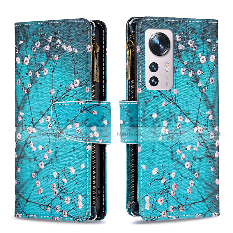 Leather Case Stands Fashionable Pattern Flip Cover Holder B04F for Xiaomi Mi 12 5G Cyan