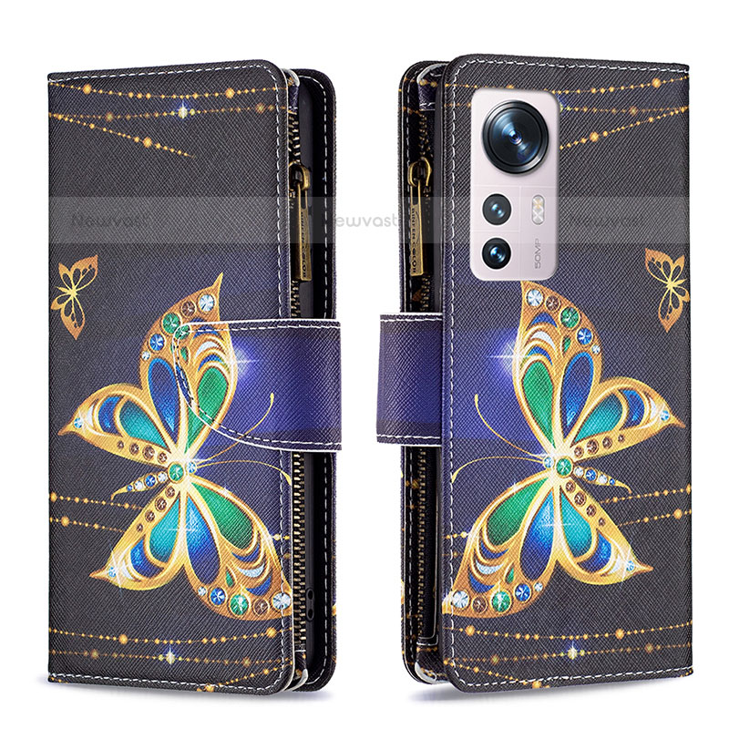 Leather Case Stands Fashionable Pattern Flip Cover Holder B04F for Xiaomi Mi 12S 5G Gold and Black