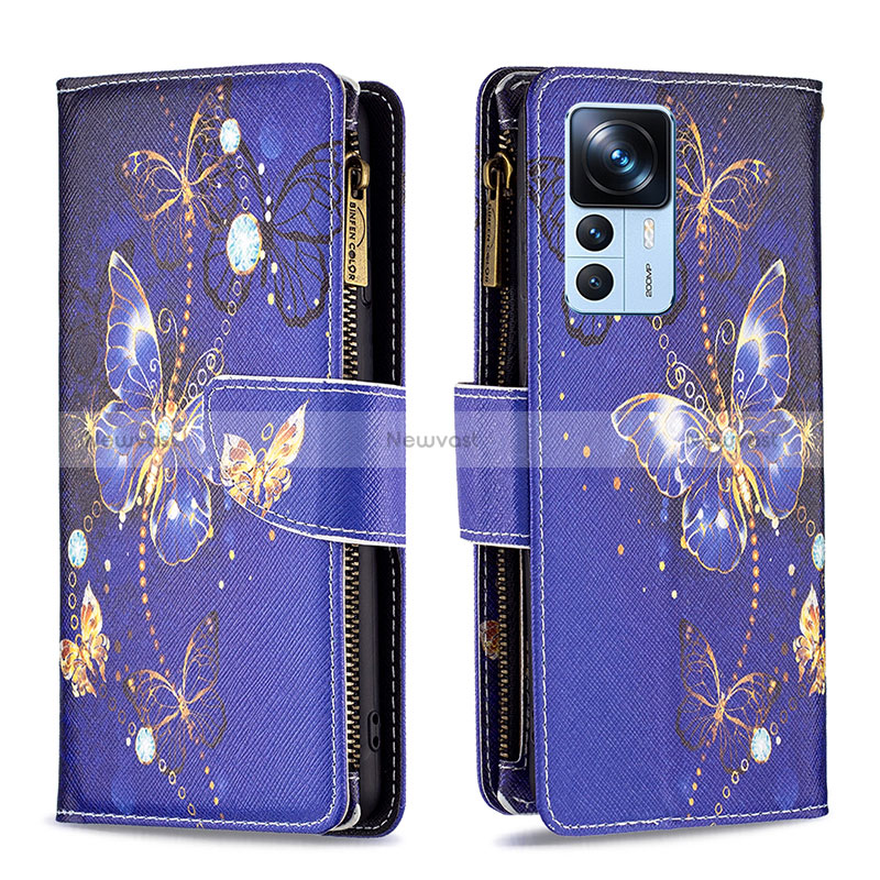 Leather Case Stands Fashionable Pattern Flip Cover Holder B04F for Xiaomi Mi 12T Pro 5G Navy Blue