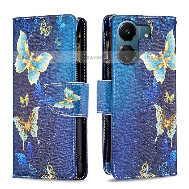 Leather Case Stands Fashionable Pattern Flip Cover Holder B04F for Xiaomi Poco C65 Blue