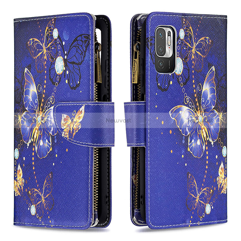 Leather Case Stands Fashionable Pattern Flip Cover Holder B04F for Xiaomi POCO M3 Pro 5G Navy Blue