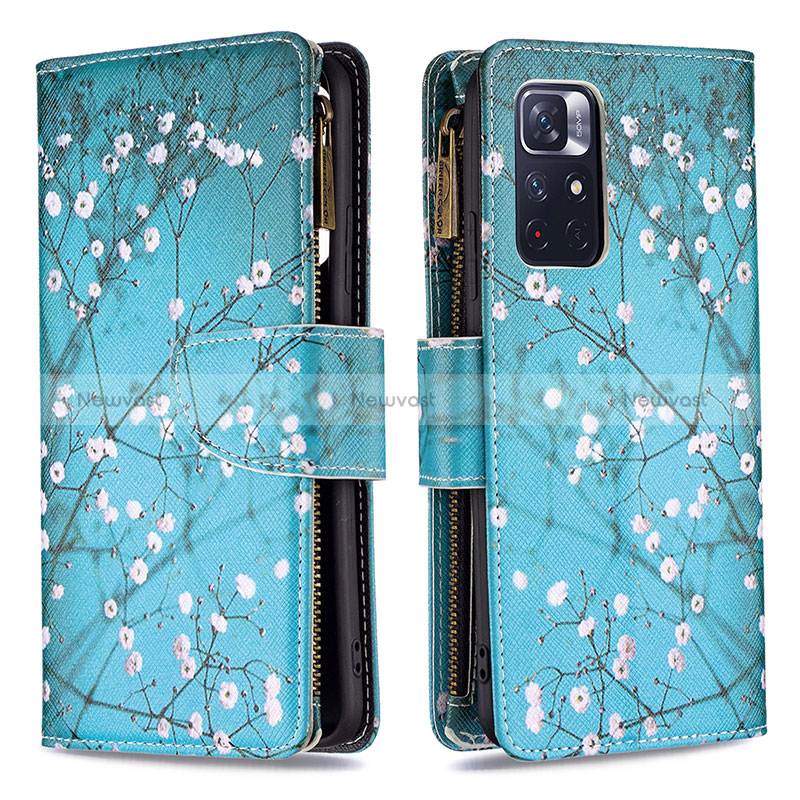 Leather Case Stands Fashionable Pattern Flip Cover Holder B04F for Xiaomi Poco M4 Pro 5G Cyan