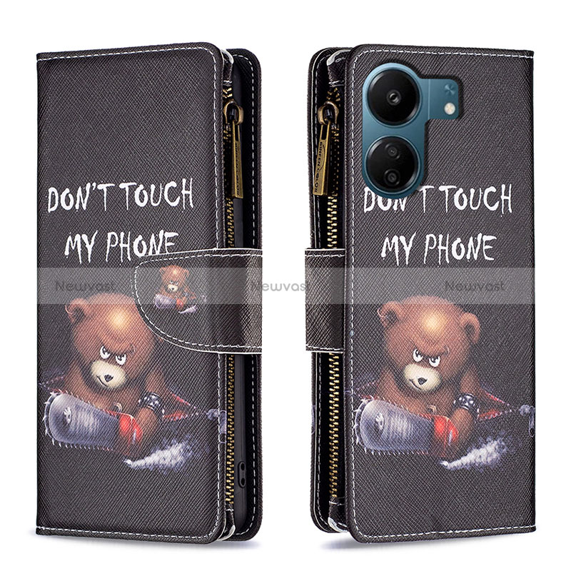 Leather Case Stands Fashionable Pattern Flip Cover Holder B04F for Xiaomi Redmi 13C Dark Gray