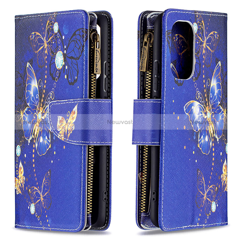 Leather Case Stands Fashionable Pattern Flip Cover Holder B04F for Xiaomi Redmi K40 5G Navy Blue