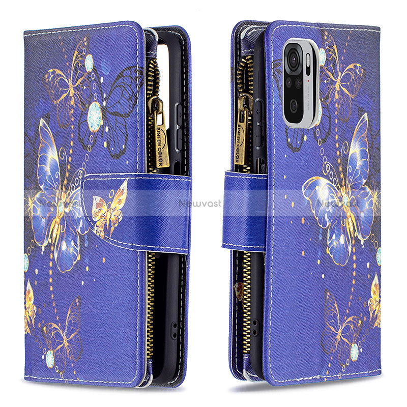 Leather Case Stands Fashionable Pattern Flip Cover Holder B04F for Xiaomi Redmi Note 10 4G Navy Blue