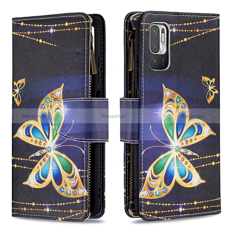 Leather Case Stands Fashionable Pattern Flip Cover Holder B04F for Xiaomi Redmi Note 10 5G Black