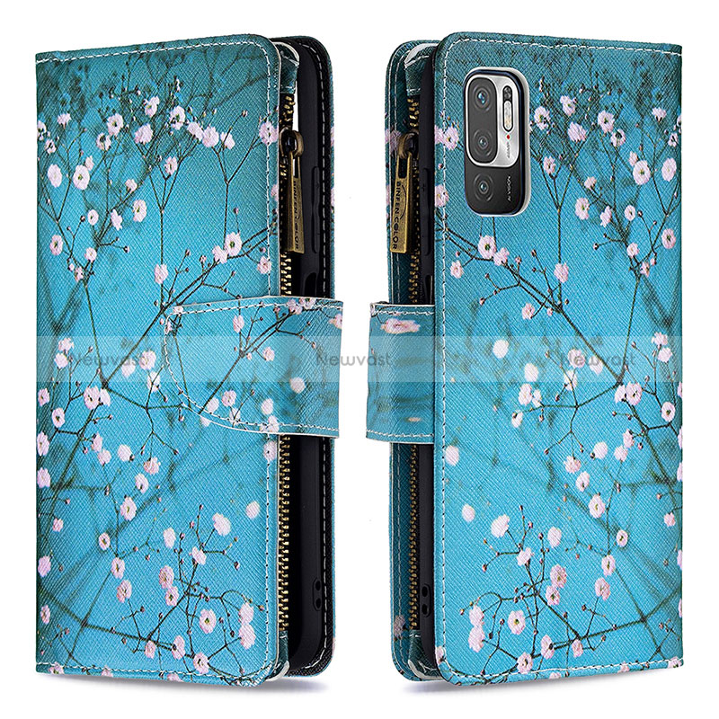 Leather Case Stands Fashionable Pattern Flip Cover Holder B04F for Xiaomi Redmi Note 10 5G Cyan