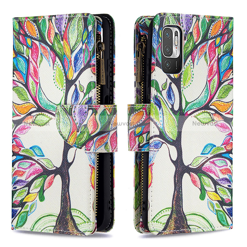 Leather Case Stands Fashionable Pattern Flip Cover Holder B04F for Xiaomi Redmi Note 10T 5G Green