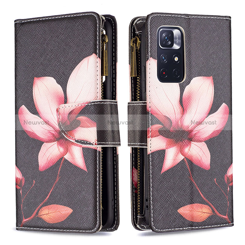 Leather Case Stands Fashionable Pattern Flip Cover Holder B04F for Xiaomi Redmi Note 11 5G Red