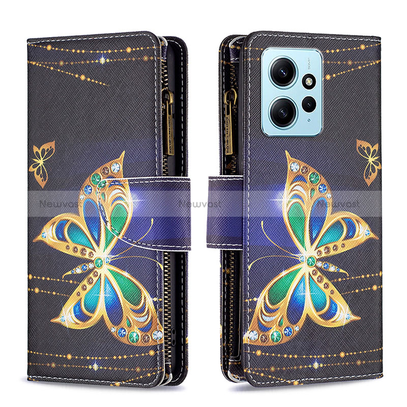 Leather Case Stands Fashionable Pattern Flip Cover Holder B04F for Xiaomi Redmi Note 12 4G Black