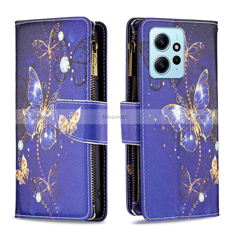 Leather Case Stands Fashionable Pattern Flip Cover Holder B04F for Xiaomi Redmi Note 12 4G Navy Blue