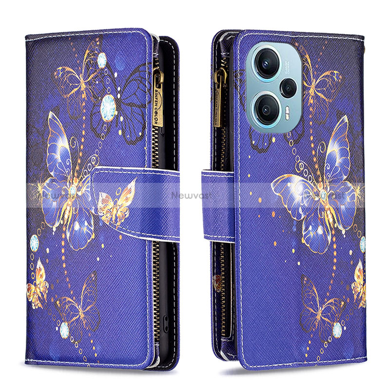 Leather Case Stands Fashionable Pattern Flip Cover Holder B04F for Xiaomi Redmi Note 12 Turbo 5G Navy Blue