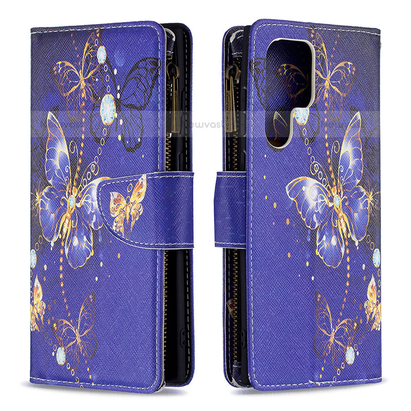 Leather Case Stands Fashionable Pattern Flip Cover Holder B05F for Samsung Galaxy S21 Ultra 5G Navy Blue