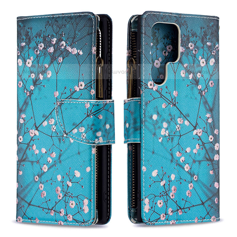 Leather Case Stands Fashionable Pattern Flip Cover Holder B05F for Samsung Galaxy S22 Ultra 5G Cyan