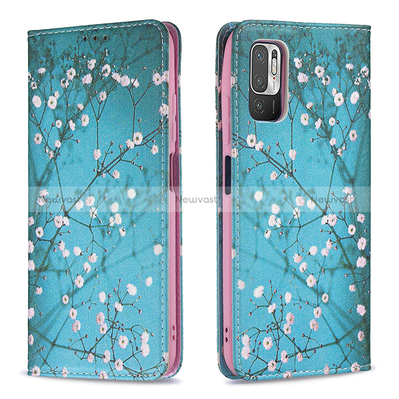 Leather Case Stands Fashionable Pattern Flip Cover Holder B05F for Xiaomi Redmi Note 10 5G Cyan