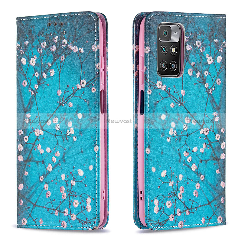 Leather Case Stands Fashionable Pattern Flip Cover Holder B05F for Xiaomi Redmi Note 11 4G (2021) Cyan