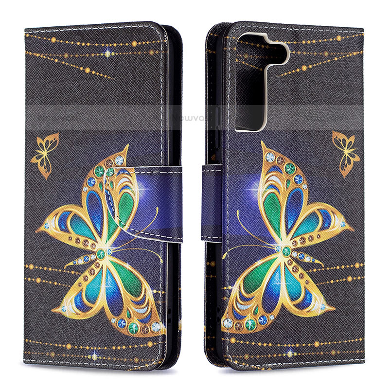 Leather Case Stands Fashionable Pattern Flip Cover Holder B09F for Samsung Galaxy S21 FE 5G Black