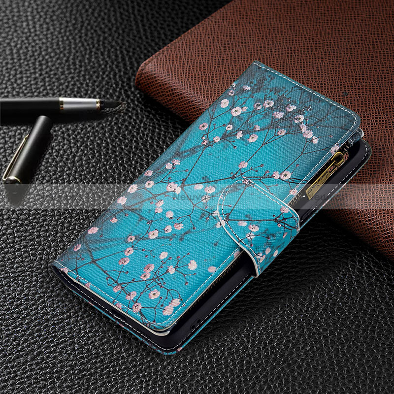 Leather Case Stands Fashionable Pattern Flip Cover Holder BF3 for Xiaomi Redmi Note 10 Pro 4G Cyan