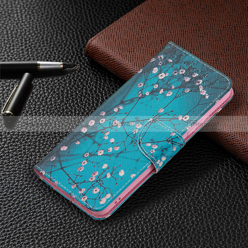 Leather Case Stands Fashionable Pattern Flip Cover Holder BF4 for Xiaomi Redmi Note 10 Pro 4G Cyan