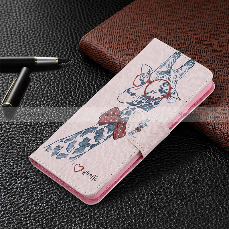 Leather Case Stands Fashionable Pattern Flip Cover Holder BF4 for Xiaomi Redmi Note 10 Pro 4G Pink