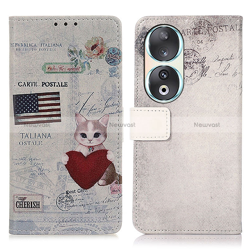 Leather Case Stands Fashionable Pattern Flip Cover Holder D02Y for Huawei Honor 90 5G Gray