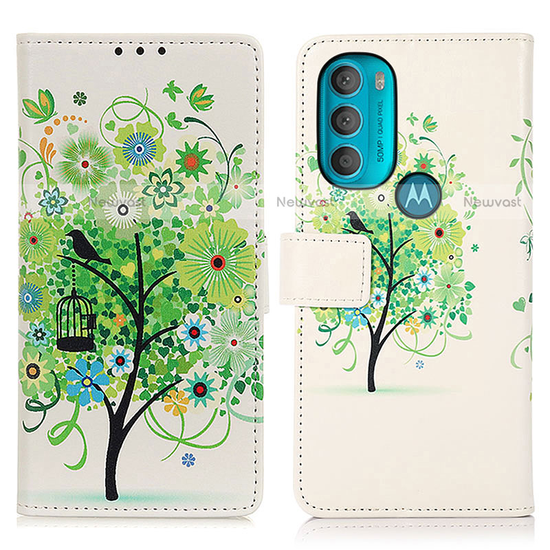 Leather Case Stands Fashionable Pattern Flip Cover Holder D02Y for Motorola Moto G71 5G Green