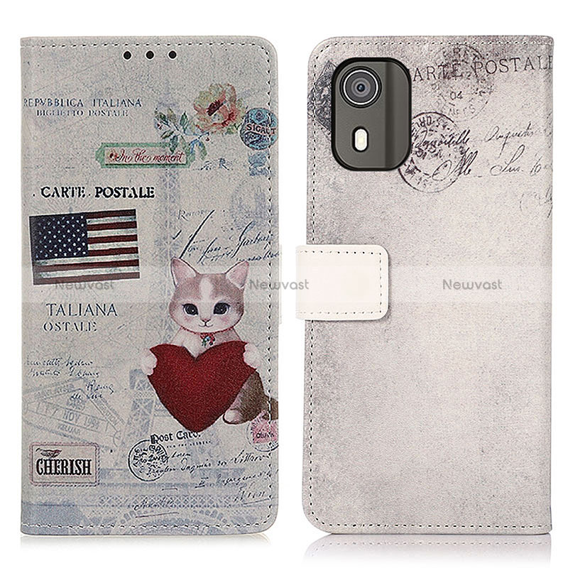 Leather Case Stands Fashionable Pattern Flip Cover Holder D02Y for Nokia C02 Gray