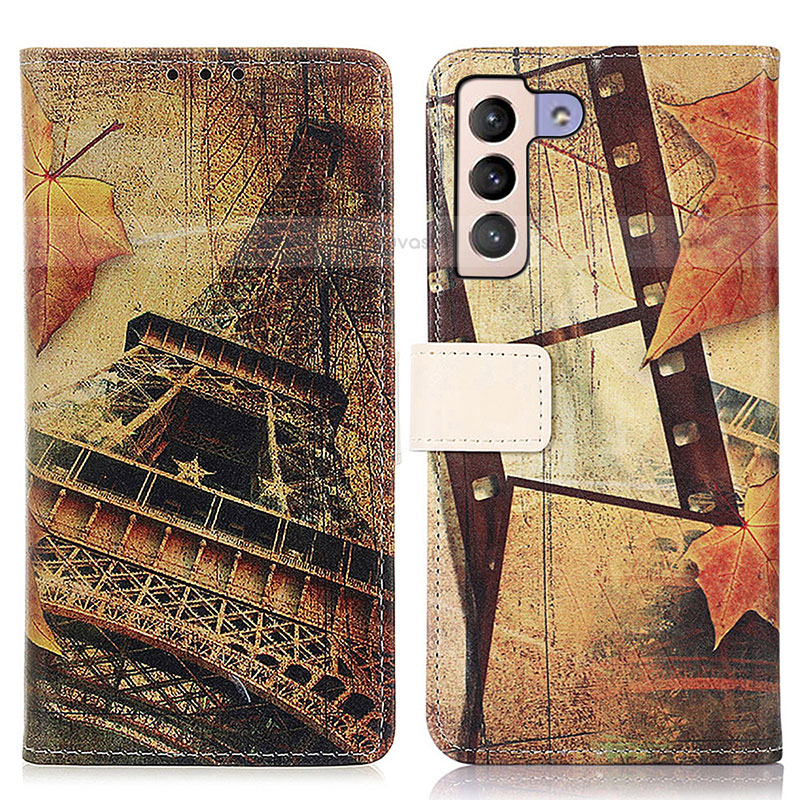 Leather Case Stands Fashionable Pattern Flip Cover Holder D02Y for Samsung Galaxy S21 FE 5G Brown