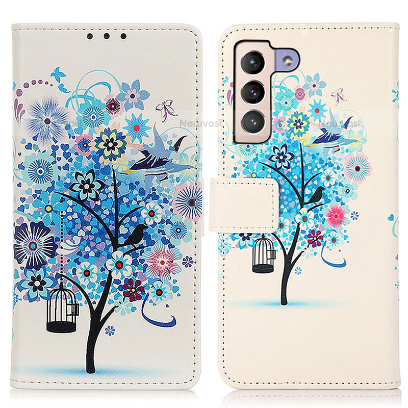 Leather Case Stands Fashionable Pattern Flip Cover Holder D02Y for Samsung Galaxy S21 Plus 5G Blue