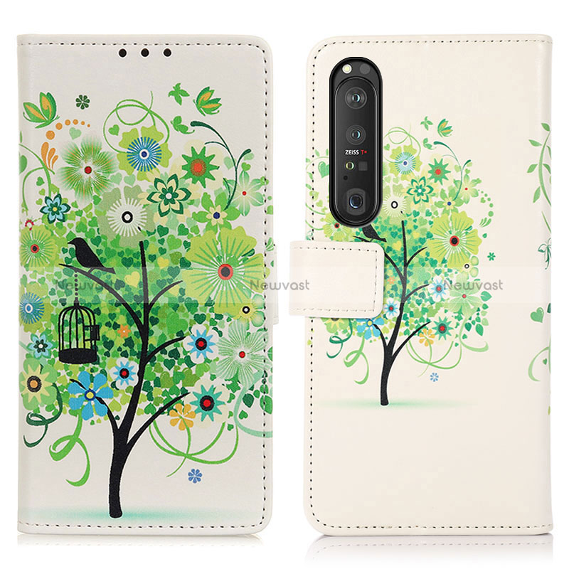 Leather Case Stands Fashionable Pattern Flip Cover Holder D02Y for Sony Xperia 1 III Green