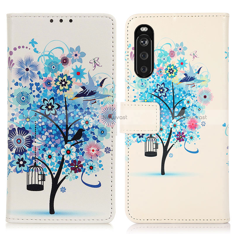 Leather Case Stands Fashionable Pattern Flip Cover Holder D02Y for Sony Xperia 10 III SO-52B Blue