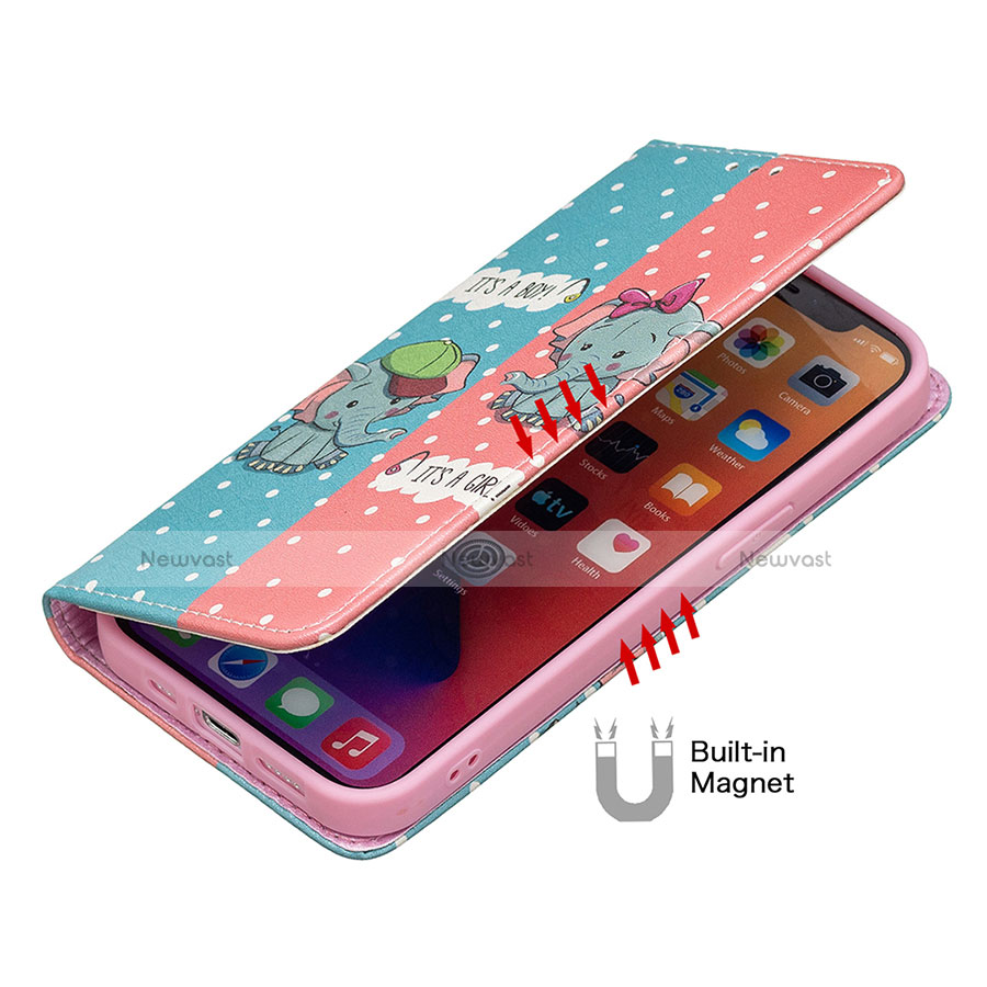 Leather Case Stands Fashionable Pattern Flip Cover Holder for Apple iPhone 13 Mini Pink