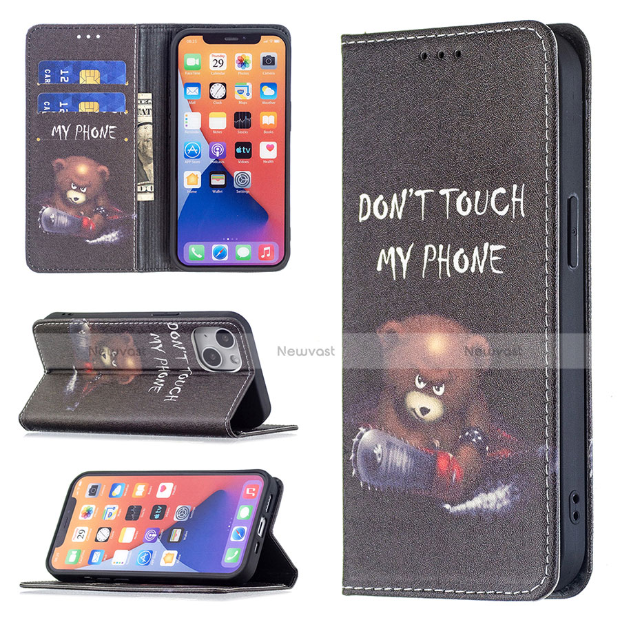 Leather Case Stands Fashionable Pattern Flip Cover Holder for Apple iPhone 14 Black