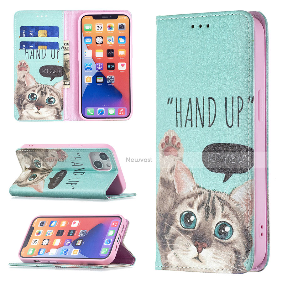 Leather Case Stands Fashionable Pattern Flip Cover Holder for Apple iPhone 14 Plus Cyan