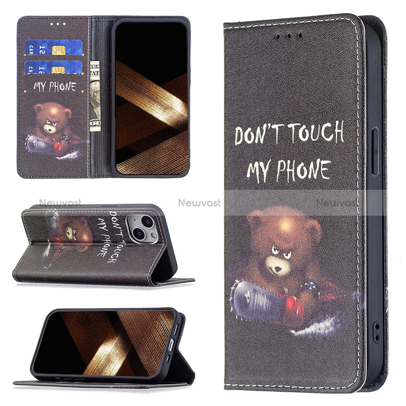 Leather Case Stands Fashionable Pattern Flip Cover Holder for Apple iPhone 15 Black