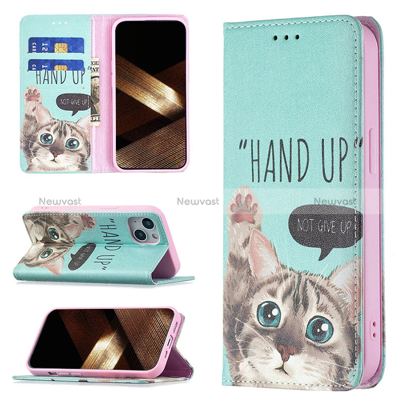 Leather Case Stands Fashionable Pattern Flip Cover Holder for Apple iPhone 15 Cyan