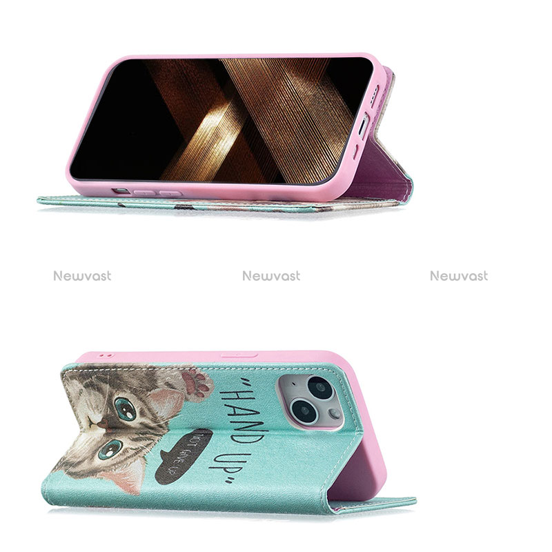 Leather Case Stands Fashionable Pattern Flip Cover Holder for Apple iPhone 15 Cyan