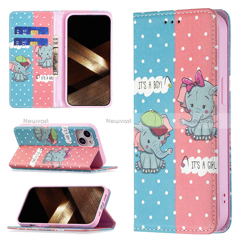 Leather Case Stands Fashionable Pattern Flip Cover Holder for Apple iPhone 15 Pink