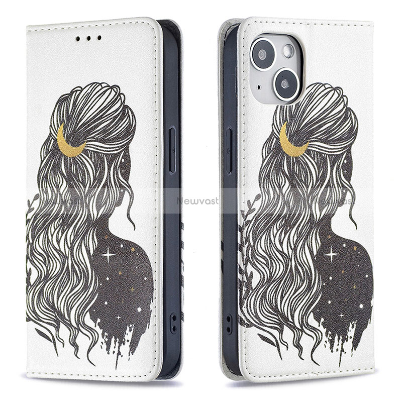 Leather Case Stands Fashionable Pattern Flip Cover Holder for Apple iPhone 15 Plus Gray