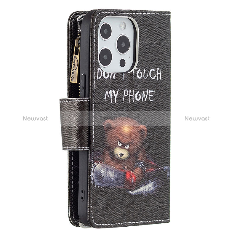 Leather Case Stands Fashionable Pattern Flip Cover Holder for Apple iPhone 15 Pro Black