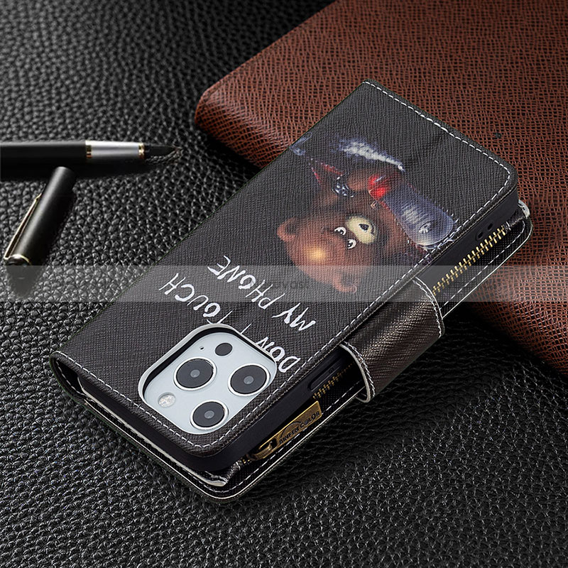 Leather Case Stands Fashionable Pattern Flip Cover Holder for Apple iPhone 15 Pro Black