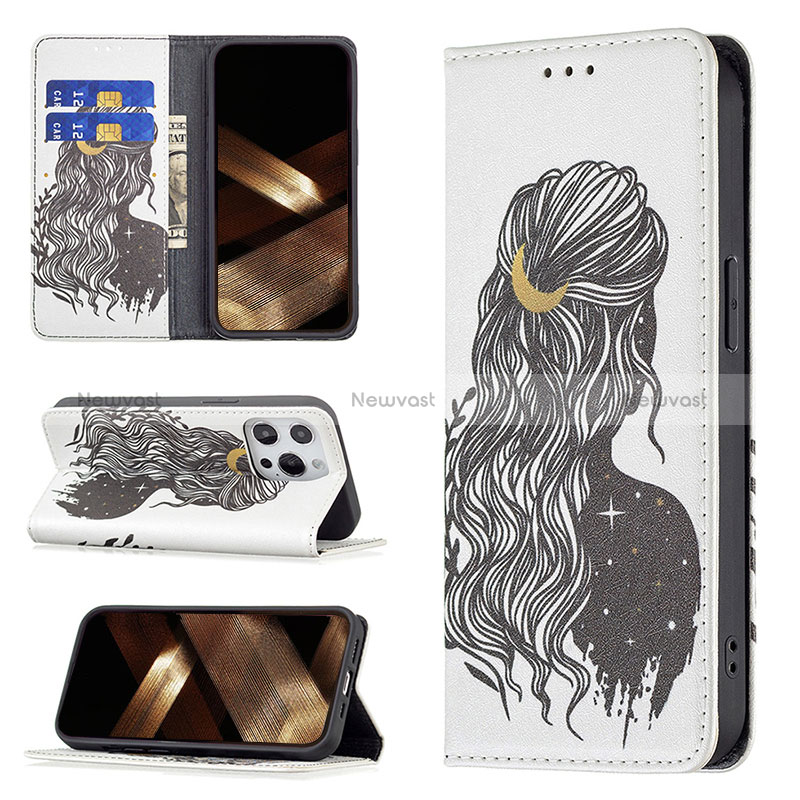 Leather Case Stands Fashionable Pattern Flip Cover Holder for Apple iPhone 15 Pro Gray