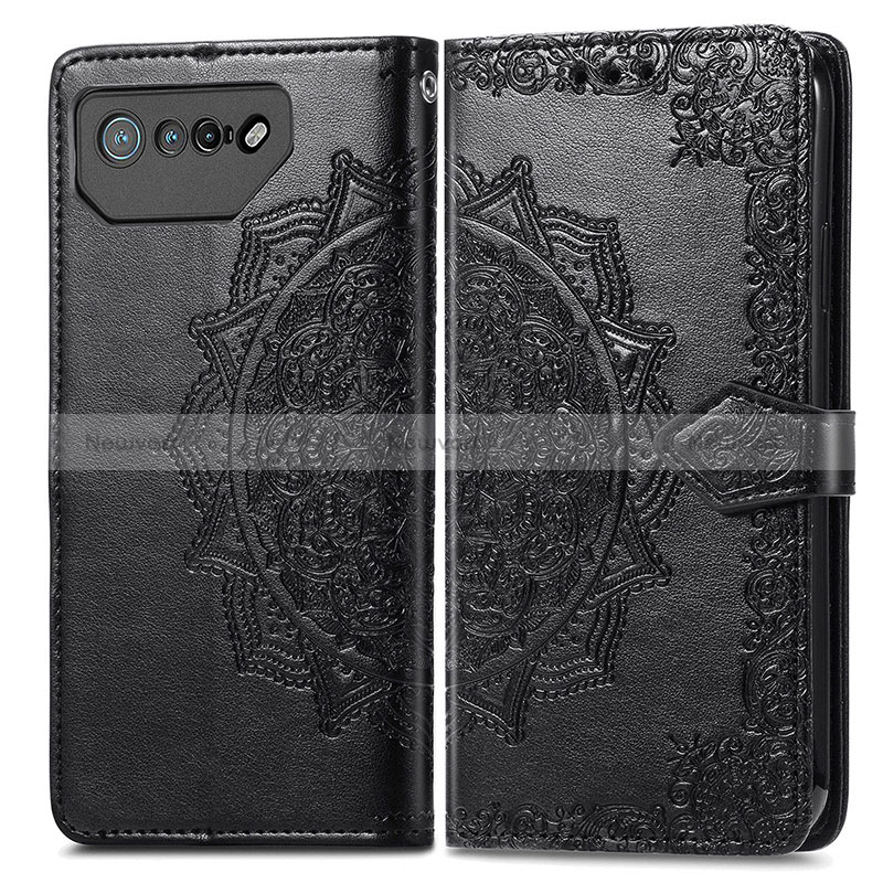 Leather Case Stands Fashionable Pattern Flip Cover Holder for Asus ROG Phone 7 Black