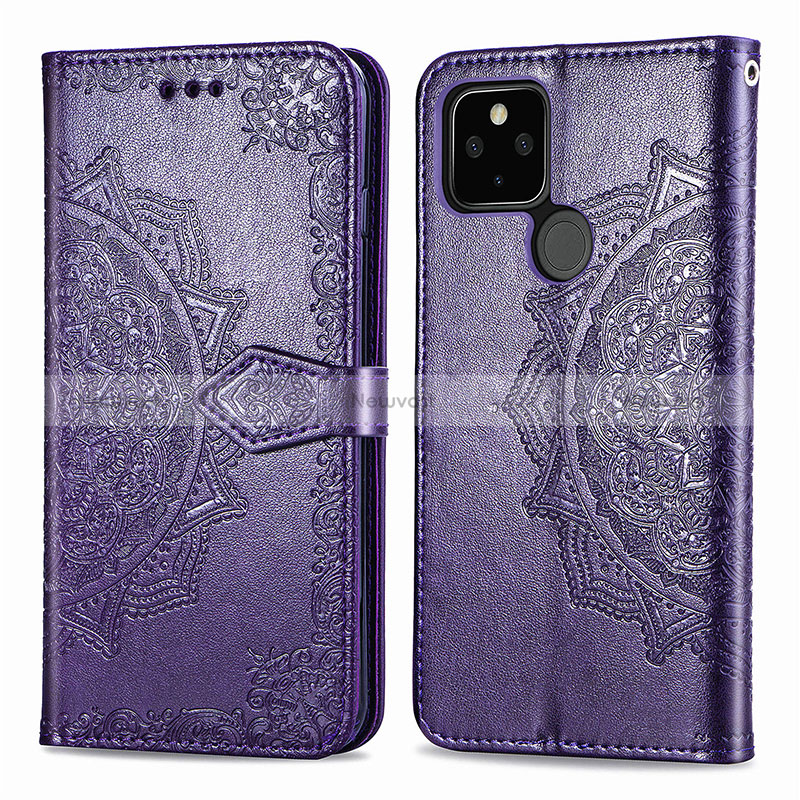 Leather Case Stands Fashionable Pattern Flip Cover Holder for Google Pixel 5 Purple