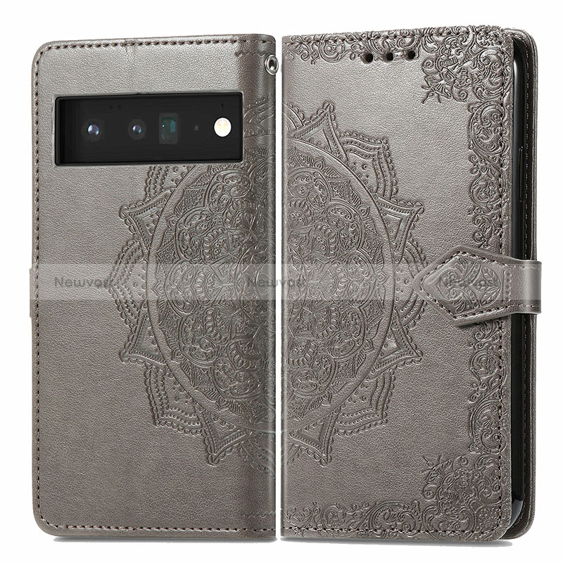 Leather Case Stands Fashionable Pattern Flip Cover Holder for Google Pixel 6 Pro 5G Gray