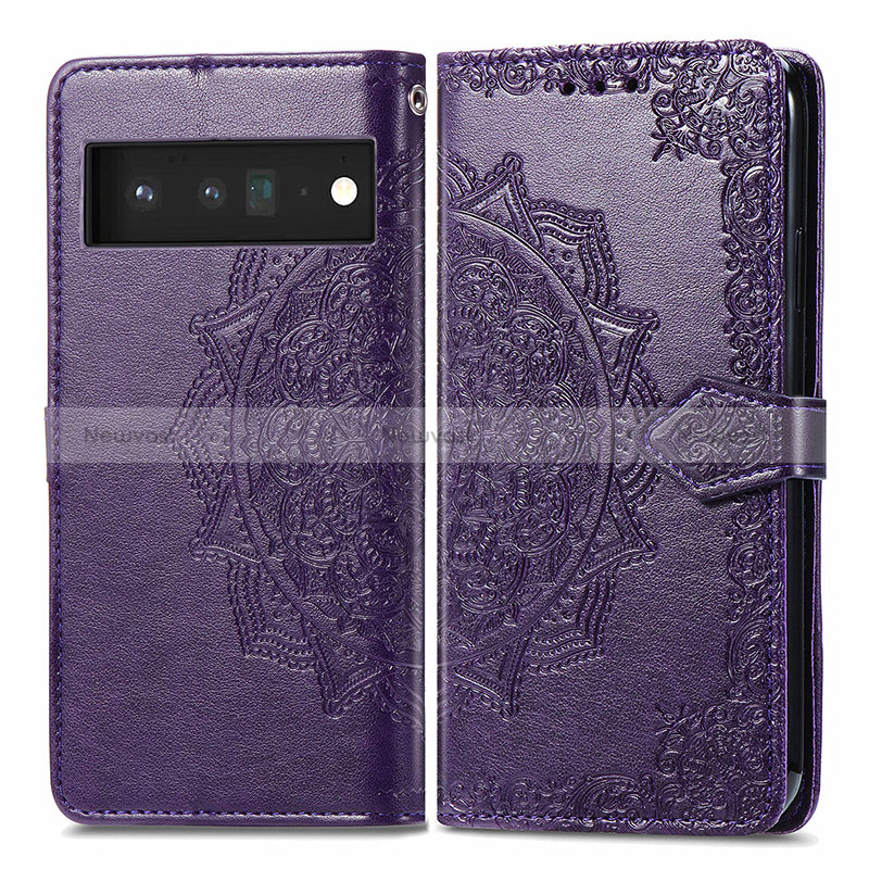 Leather Case Stands Fashionable Pattern Flip Cover Holder for Google Pixel 6 Pro 5G Purple