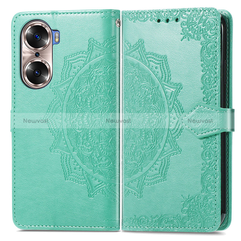 Leather Case Stands Fashionable Pattern Flip Cover Holder for Huawei Honor 60 5G Green