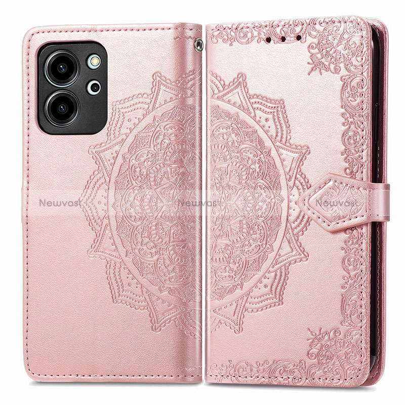 Leather Case Stands Fashionable Pattern Flip Cover Holder for Huawei Honor 80 SE 5G Rose Gold