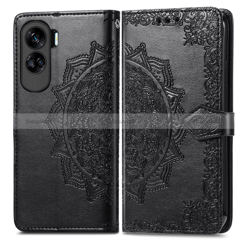 Leather Case Stands Fashionable Pattern Flip Cover Holder for Huawei Honor 90 Lite 5G Black